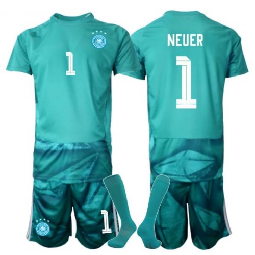 Stroje piłkarskie Niemcy Manuel Neuer #1 Bramkarskie Koszulka Podstawowej dla dzieci MŚ 2026 Krótki Rękaw (+ szorty)